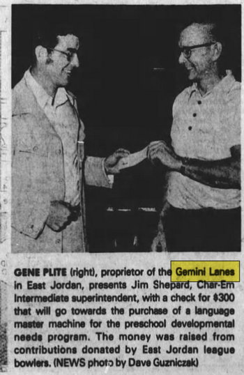 Gemini Lanes (Teen Zone, East Jordan Recreation, The Zone Sports Lounge) - Sep 23 1977 Article (newer photo)